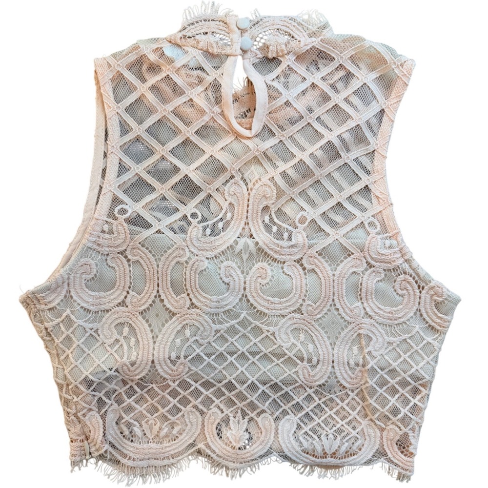 L'Atiste Peach Lace Crop Top Mock Neck Sleeveless Sm 90s Y2K Fairy Wedding - Picture 2 of 7